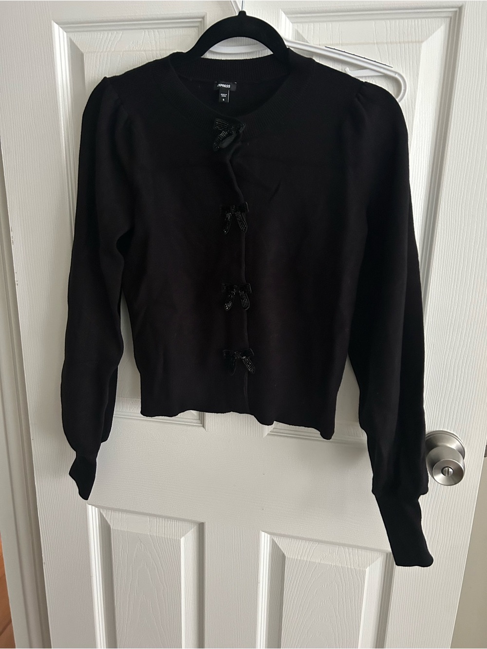 Express Black Bow-Accent Crewneck Cardigan